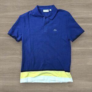 Lacoste Slim Fit Polo Shirt Blue with Yellow & White Colorblock Hem Men’s Size L
